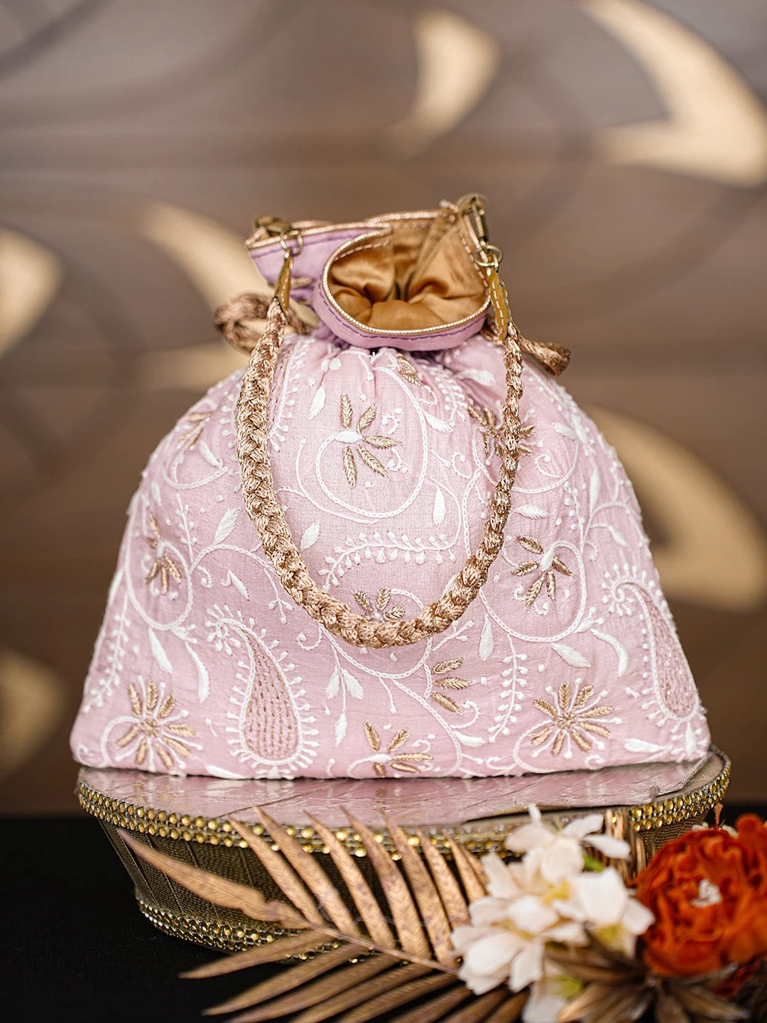 Ada Hand Embroidered Lavender Silk Lucknowi Chikankari Potli Bag With Zari Work 01A621544