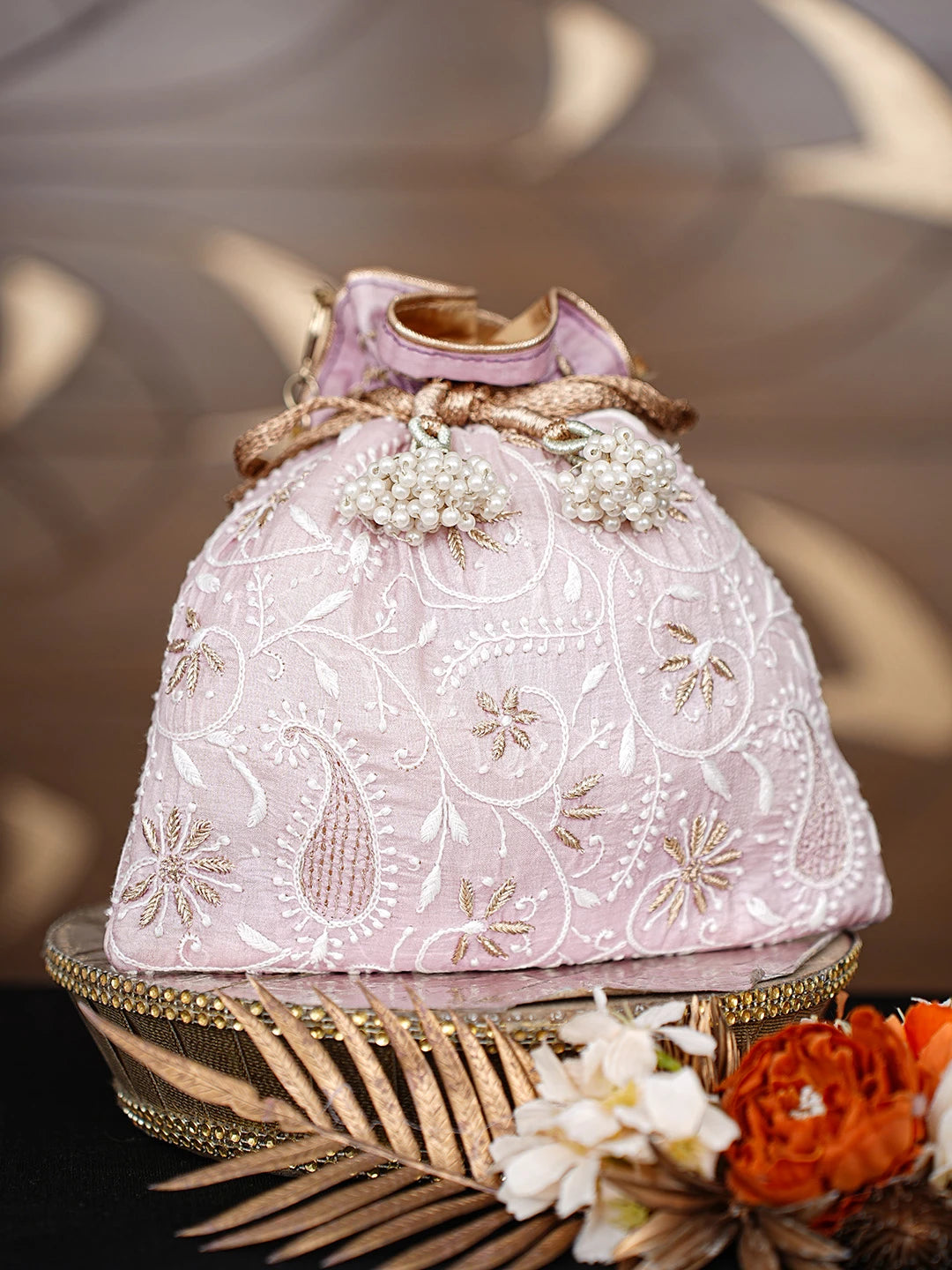 Ada Hand Embroidered Lavender Silk Lucknowi Chikankari Potli Bag With Zari Work 01A621544