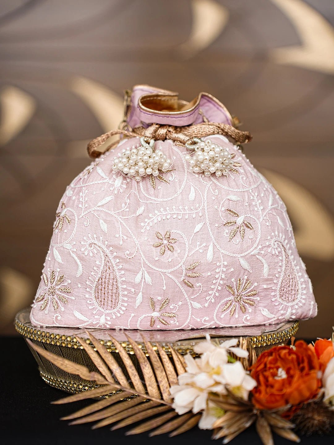 Ada Hand Embroidered Lavender Silk Lucknowi Chikankari Potli Bag With Zari Work 01A621544