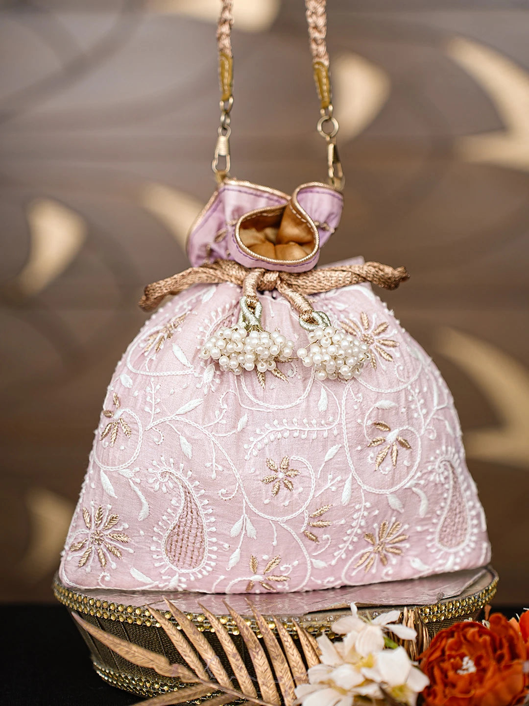 Ada Hand Embroidered Lavender Silk Lucknowi Chikankari Potli Bag With Zari Work 01A621544