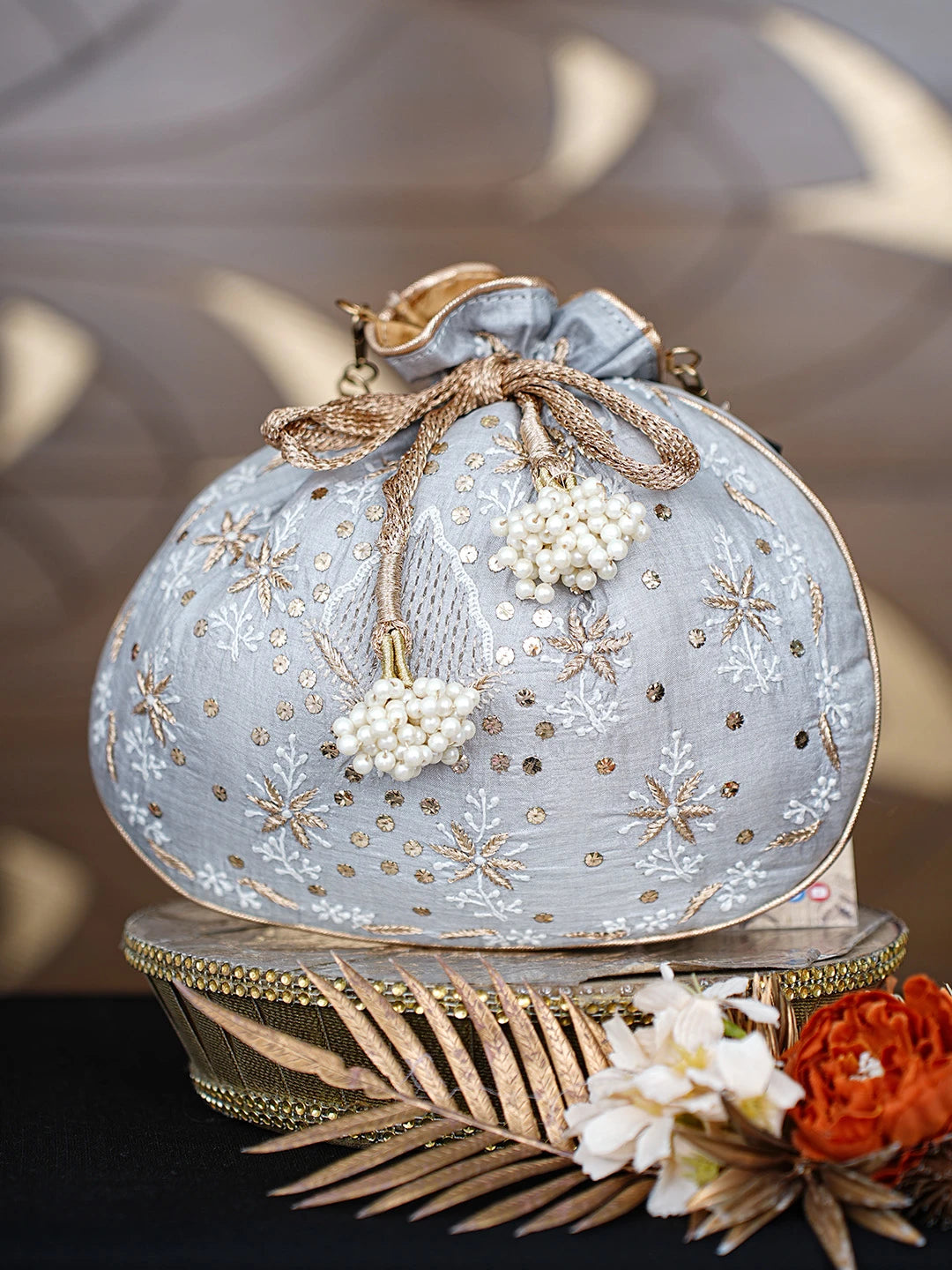 Ada Hand Embroidered Grey Silk Lucknowi Chikankari Potli Bag With Zari Work 01A808078