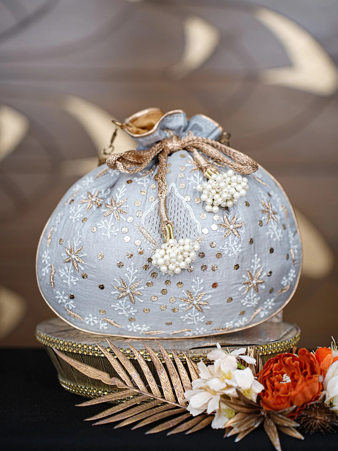 Ada Hand Embroidered Grey Silk Lucknowi Chikankari Potli Bag With Zari Work 01A808078