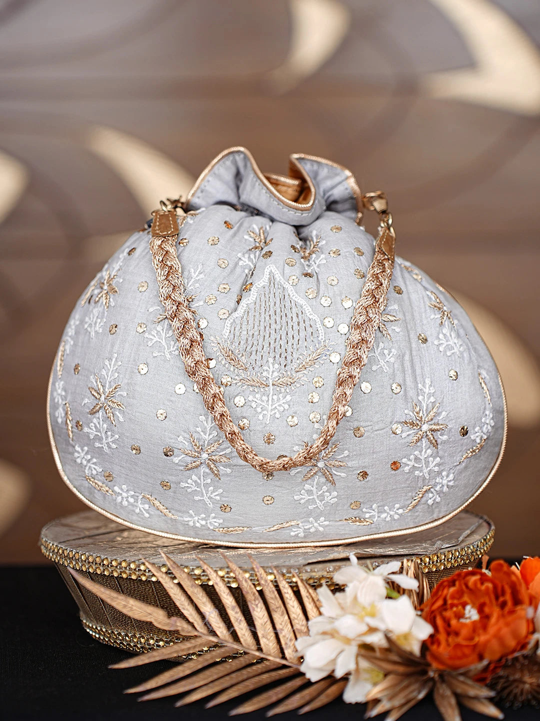 Ada Hand Embroidered Grey Silk Lucknowi Chikankari Potli Bag With Zari Work 01A808078
