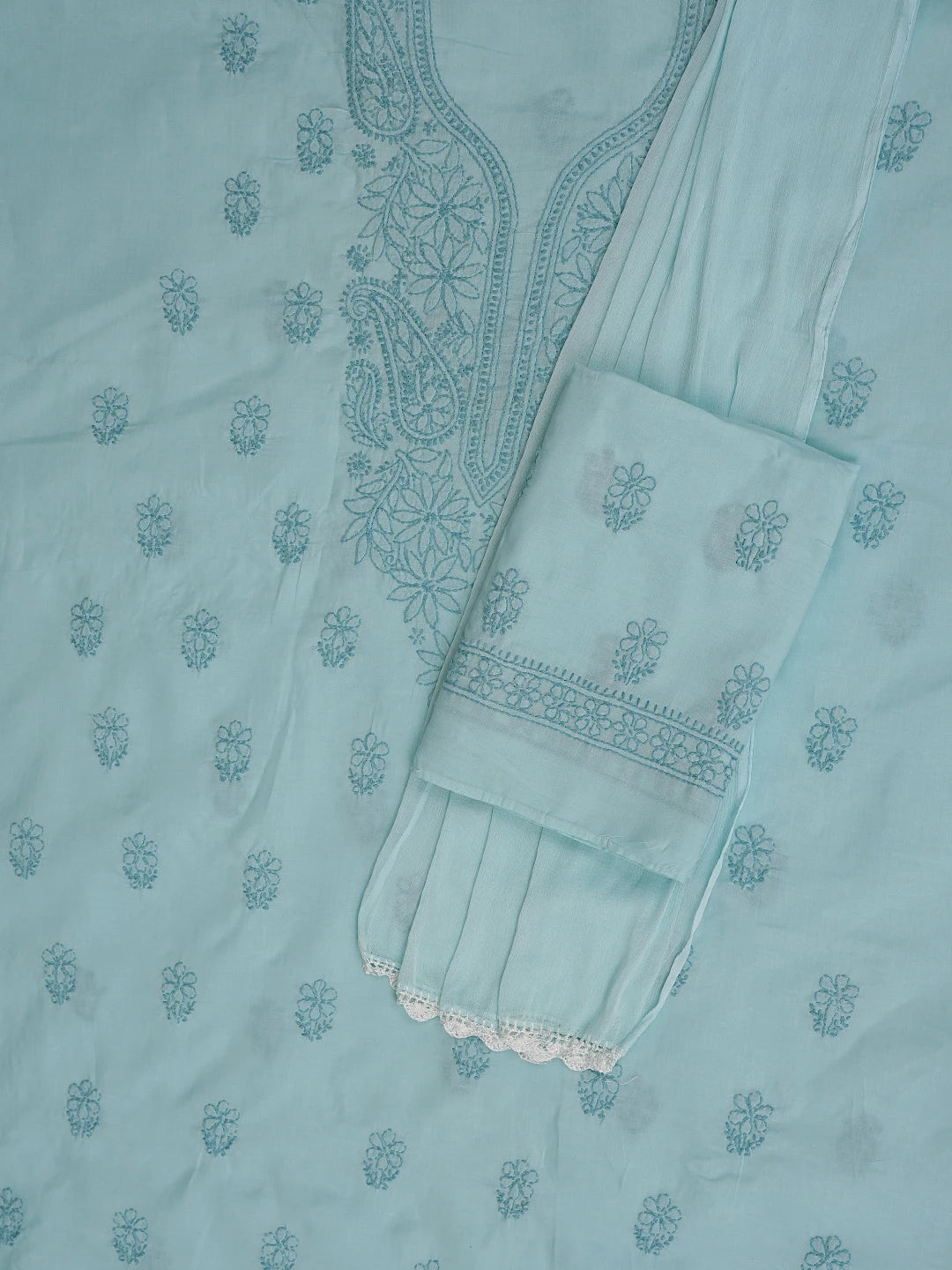 Ada Hand Embroidered Pale Azure Blue Cotton Lucknowi Chikankari Unstitched Suit Piece 01A868003