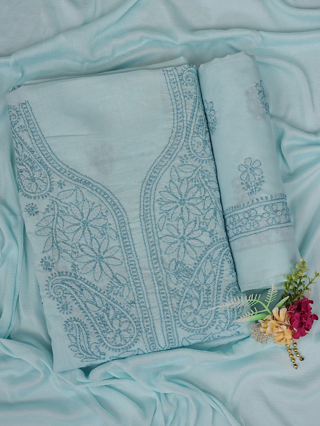 Ada Hand Embroidered Pale Azure Blue Cotton Lucknowi Chikankari Unstitched Suit Piece 01A868003