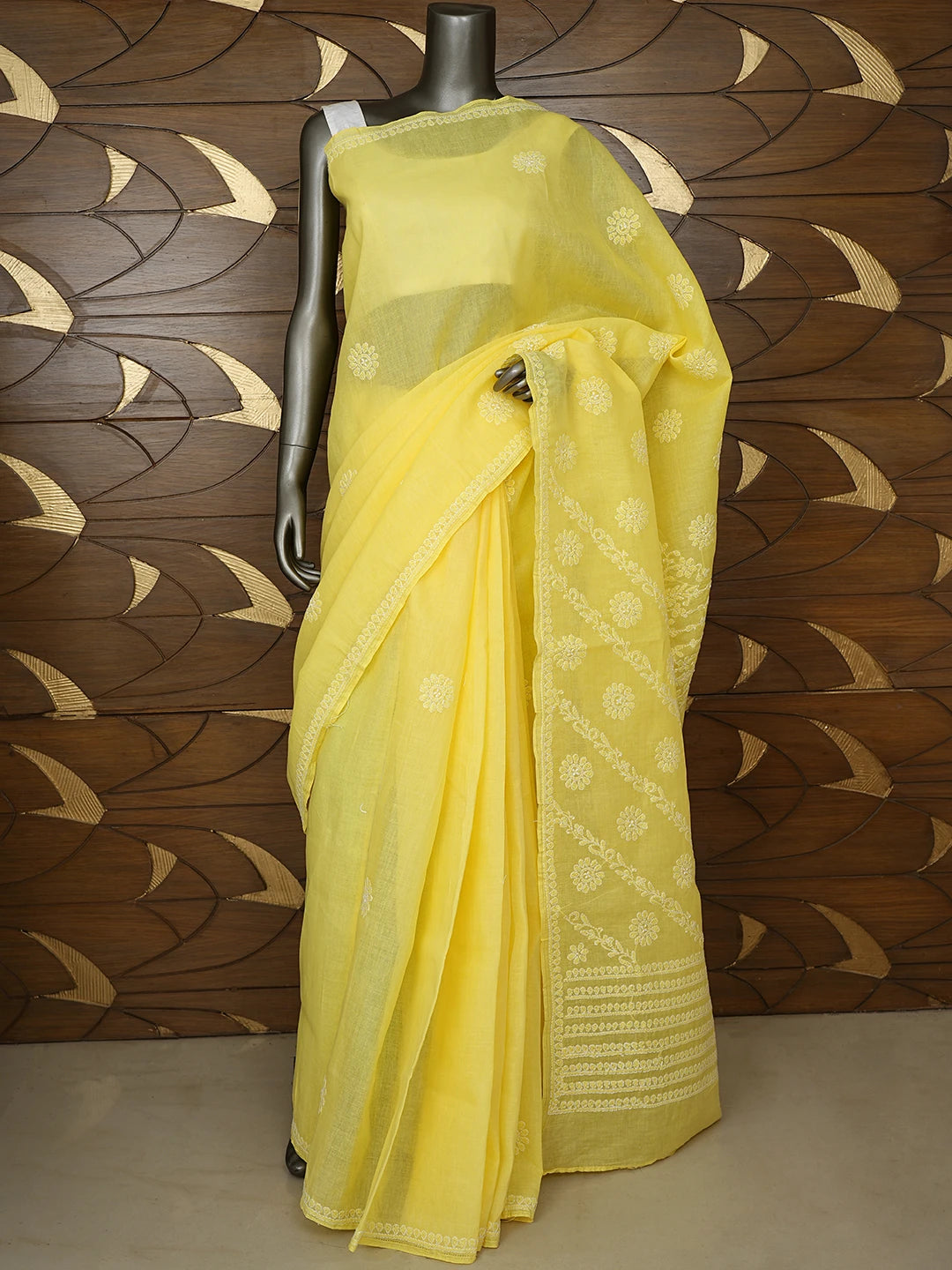 Ada Hand Embroidered Yellow Cotton Lucknowi Chikankari Saree With Blouse 01A866235