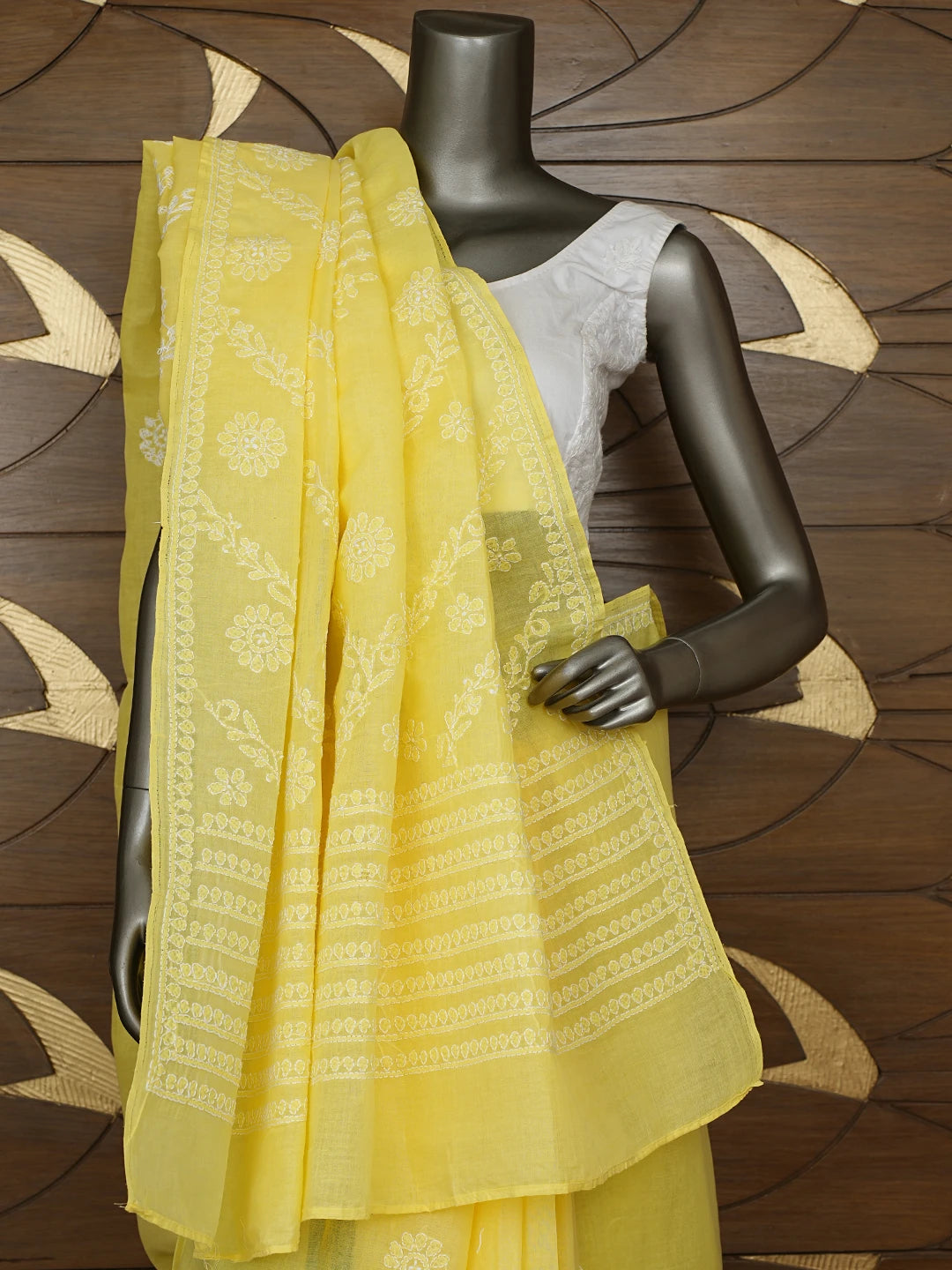 Ada Hand Embroidered Yellow Cotton Lucknowi Chikankari Saree With Blouse 01A866235