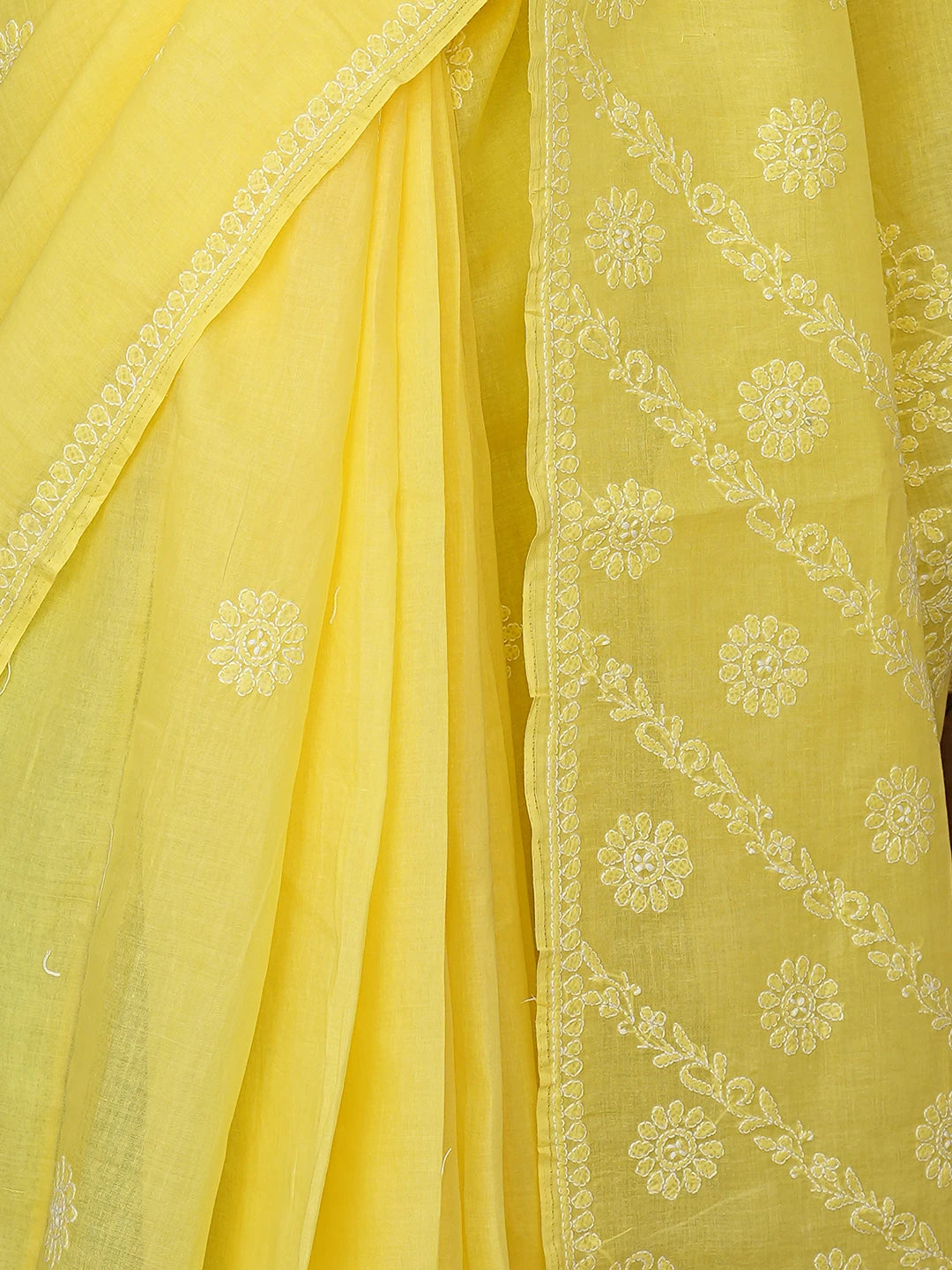 Ada Hand Embroidered Yellow Cotton Lucknowi Chikankari Saree With Blouse 01A866235