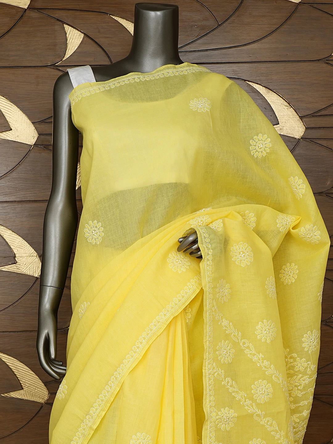 Ada Hand Embroidered Yellow Cotton Lucknowi Chikankari Saree With Blouse 01A866235