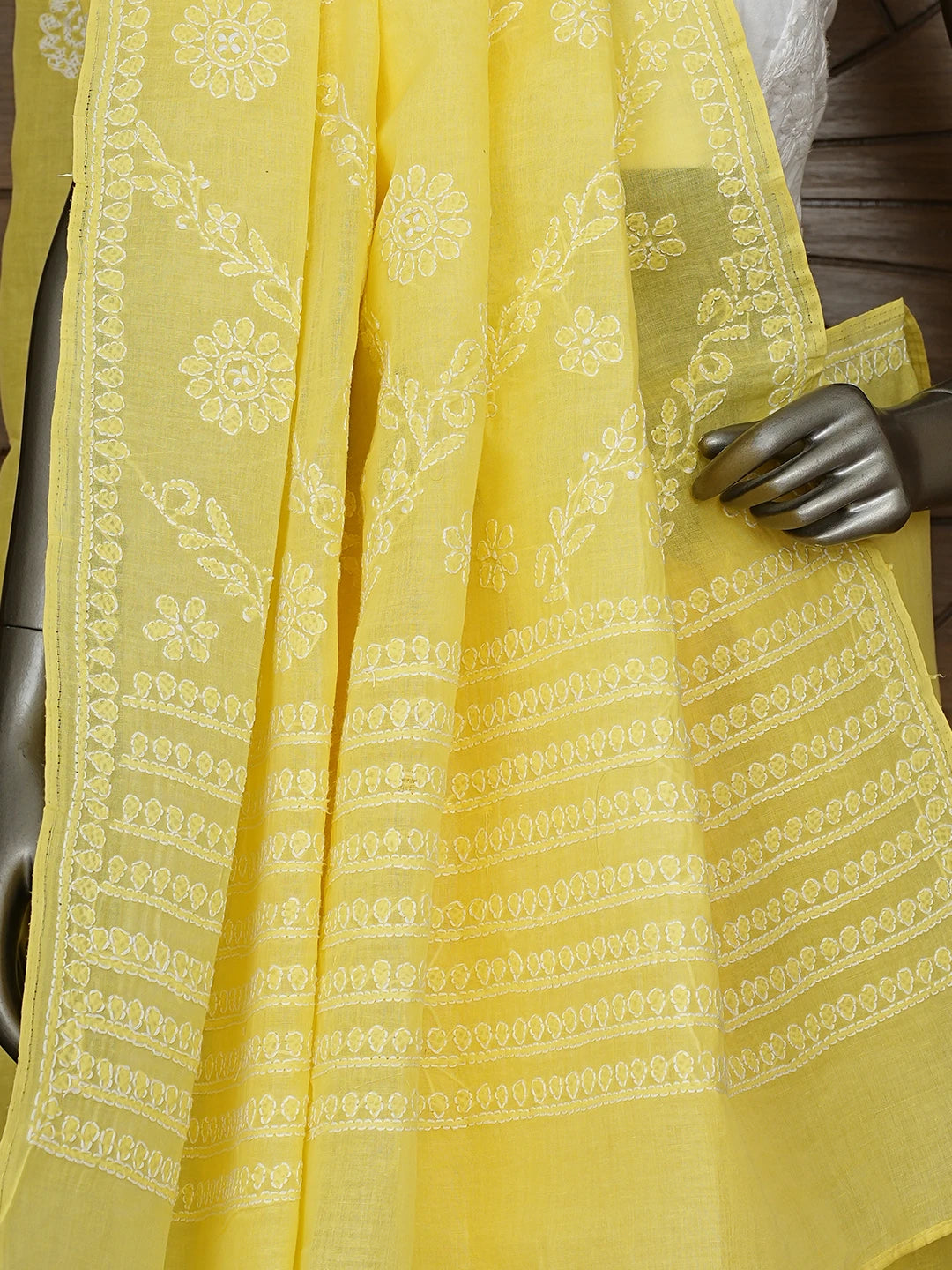 Ada Hand Embroidered Yellow Cotton Lucknowi Chikankari Saree With Blouse 01A866235