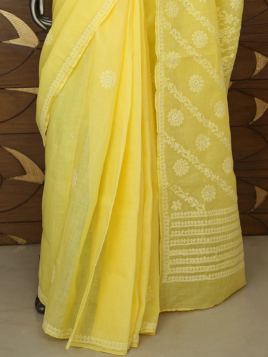 Ada Hand Embroidered Yellow Cotton Lucknowi Chikankari Saree With Blouse 01A866235