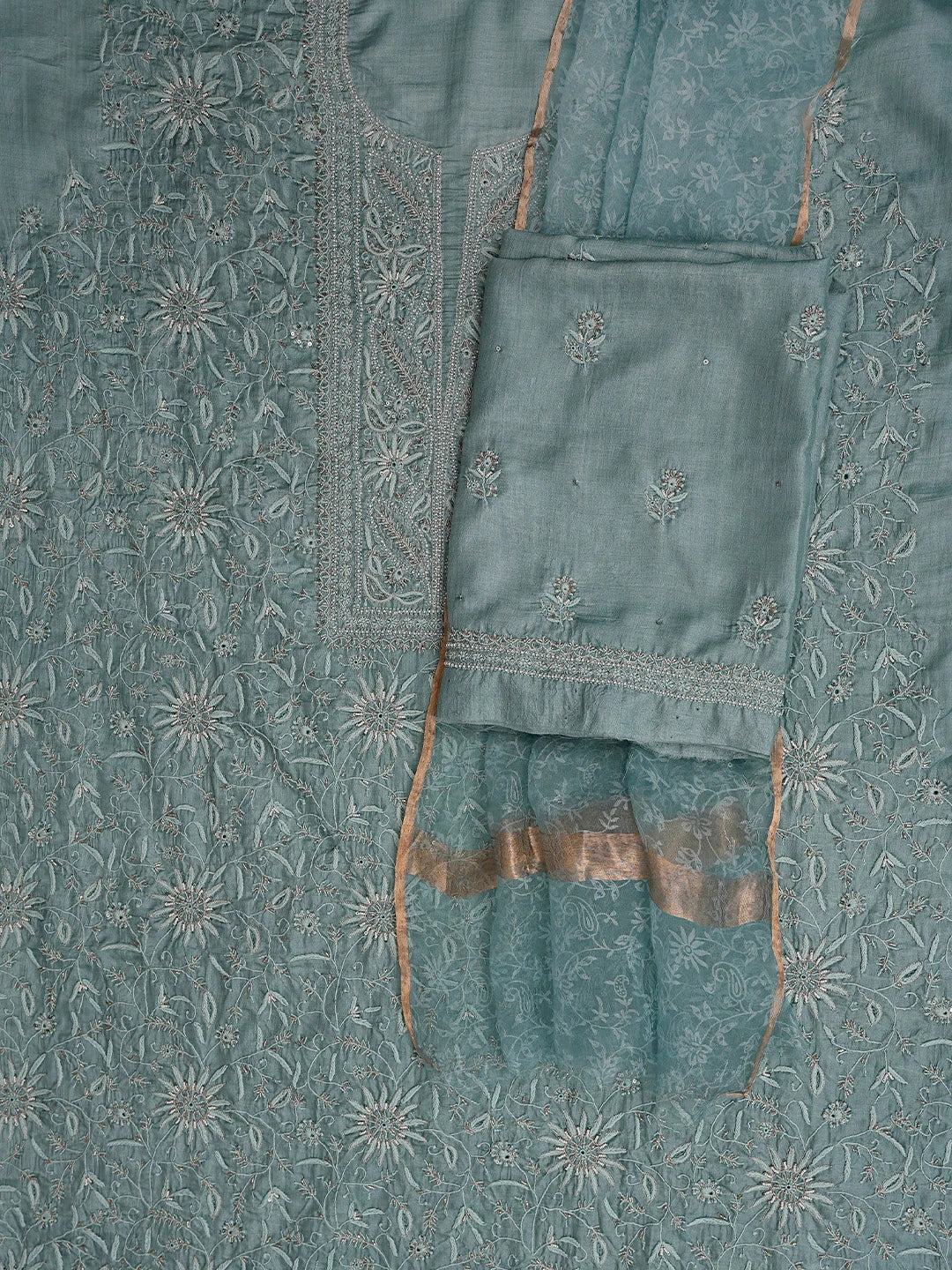 Ada Hand Embroidered Teal Green Silk Lucknowi Chikankari Unstitched Suit Piece With Sequinned Work 01A716199