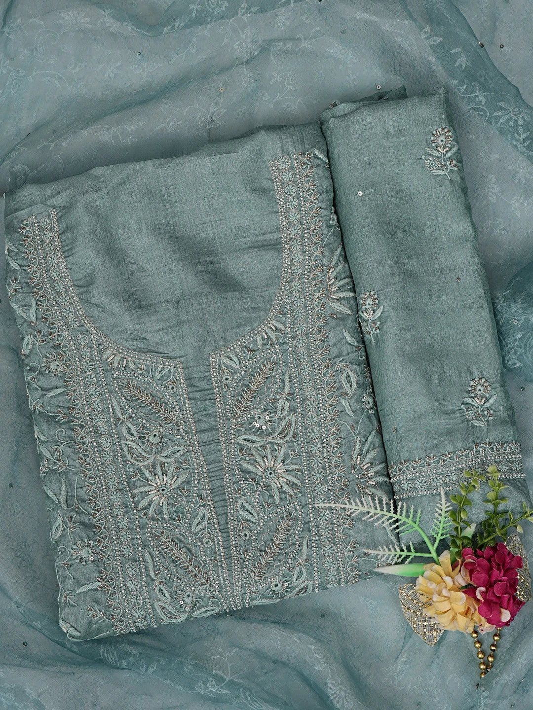 Ada Hand Embroidered Teal Green Silk Lucknowi Chikankari Unstitched Suit Piece With Sequinned Work 01A716199
