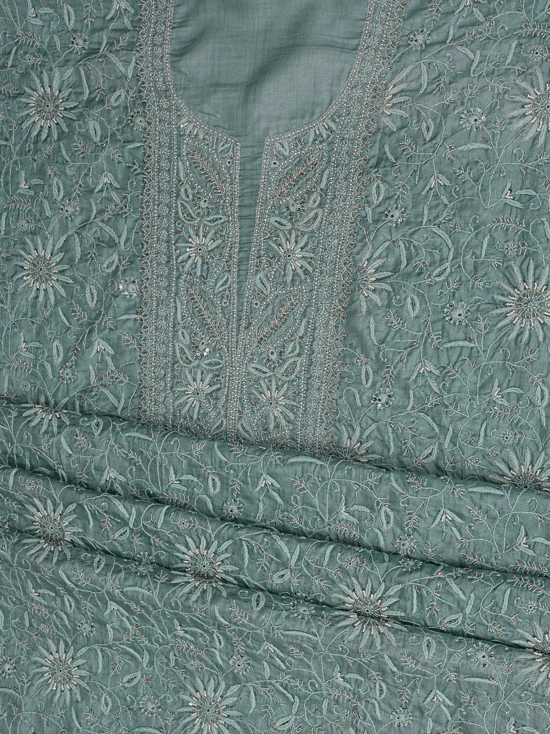 Ada Hand Embroidered Teal Green Silk Lucknowi Chikankari Unstitched Suit Piece With Sequinned Work 01A716199