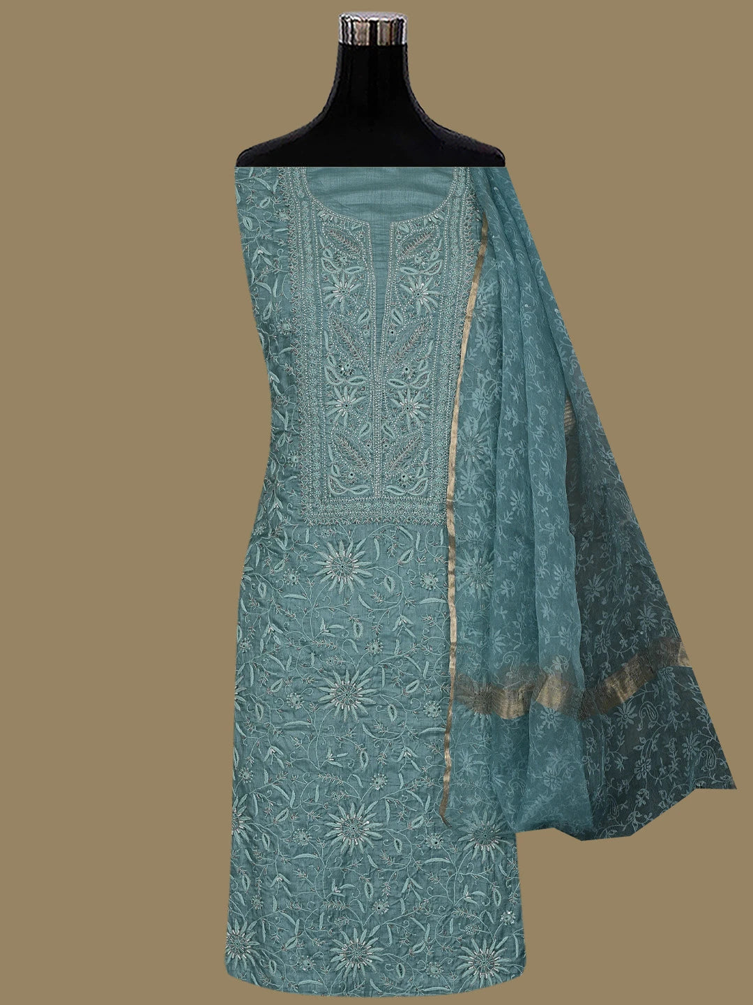 Ada Hand Embroidered Teal Green Silk Lucknowi Chikankari Unstitched Suit Piece With Sequinned Work 01A716199