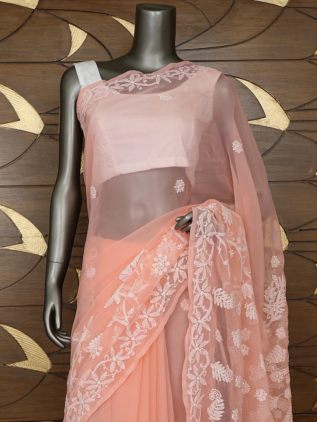 Ada Hand Embroidered Peach Georgette Lucknowi Chikankari Saree With Blouse 01A867571