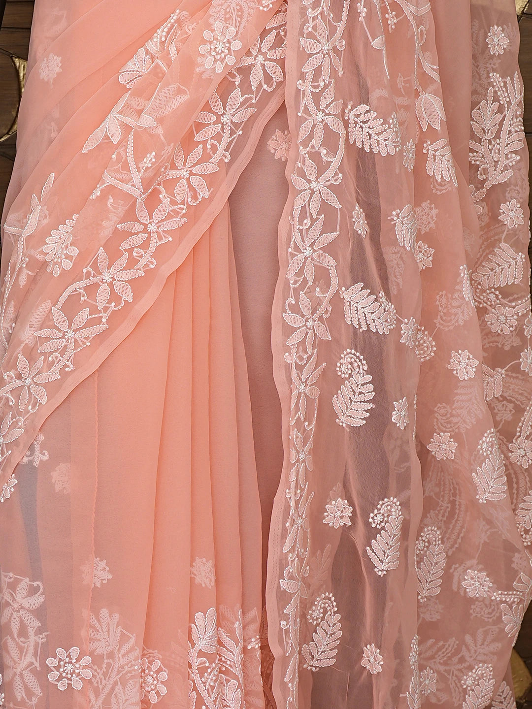 Ada Hand Embroidered Peach Georgette Lucknowi Chikankari Saree With Blouse 01A867571