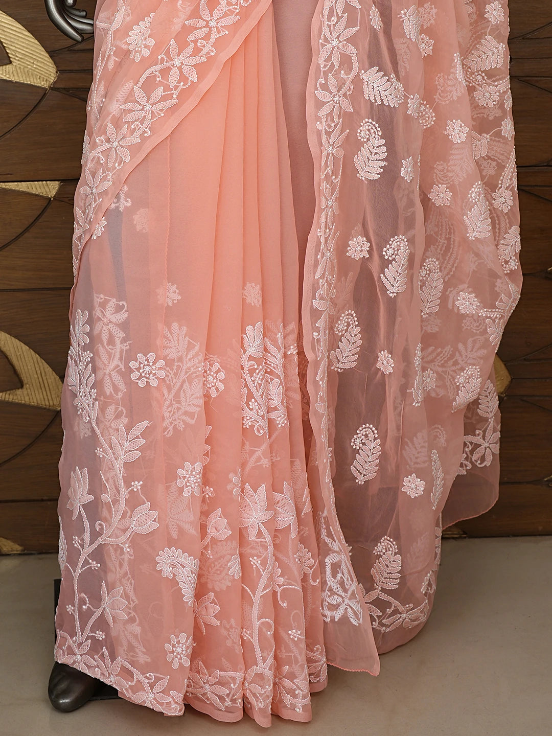 Ada Hand Embroidered Peach Georgette Lucknowi Chikankari Saree With Blouse 01A867571