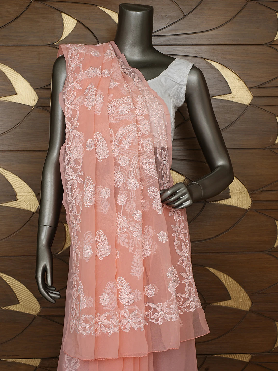 Ada Hand Embroidered Peach Georgette Lucknowi Chikankari Saree With Blouse 01A867571