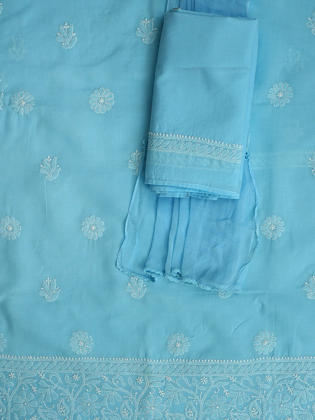 Ada Hand Embroidered Blue Cotton Lucknowi Chikankari Unstitched Suit Piece 01A818701