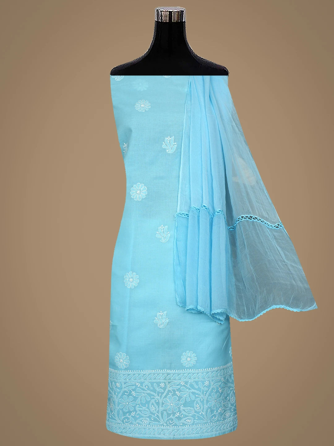 Ada Hand Embroidered Blue Cotton Lucknowi Chikankari Unstitched Suit Piece 01A818701