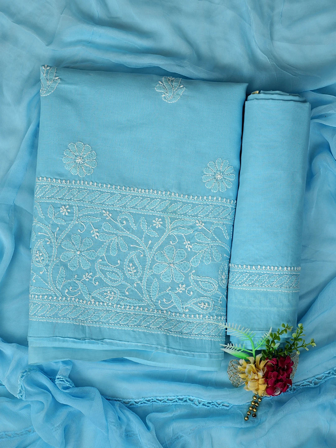 Ada Hand Embroidered Blue Cotton Lucknowi Chikankari Unstitched Suit Piece 01A818701