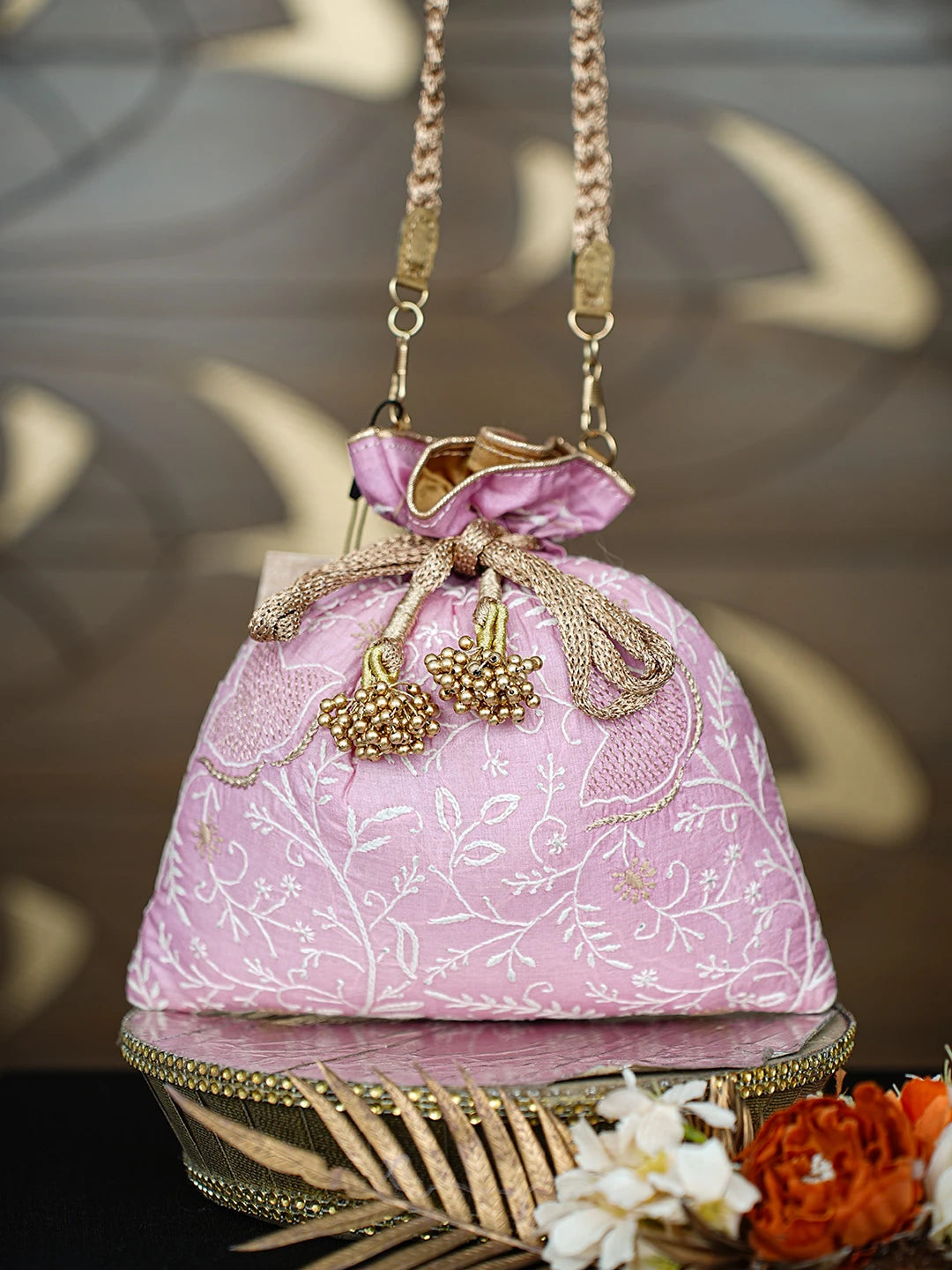 Ada Hand Embroidered Pink Silk Lucknowi Chikankari Potli Bag With Zari Work 01A808027