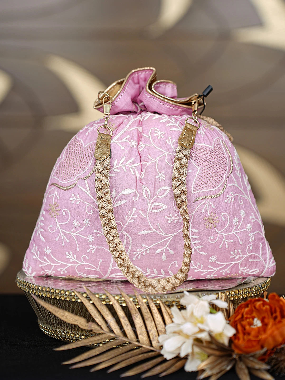 Ada Hand Embroidered Pink Silk Lucknowi Chikankari Potli Bag With Zari Work 01A808027