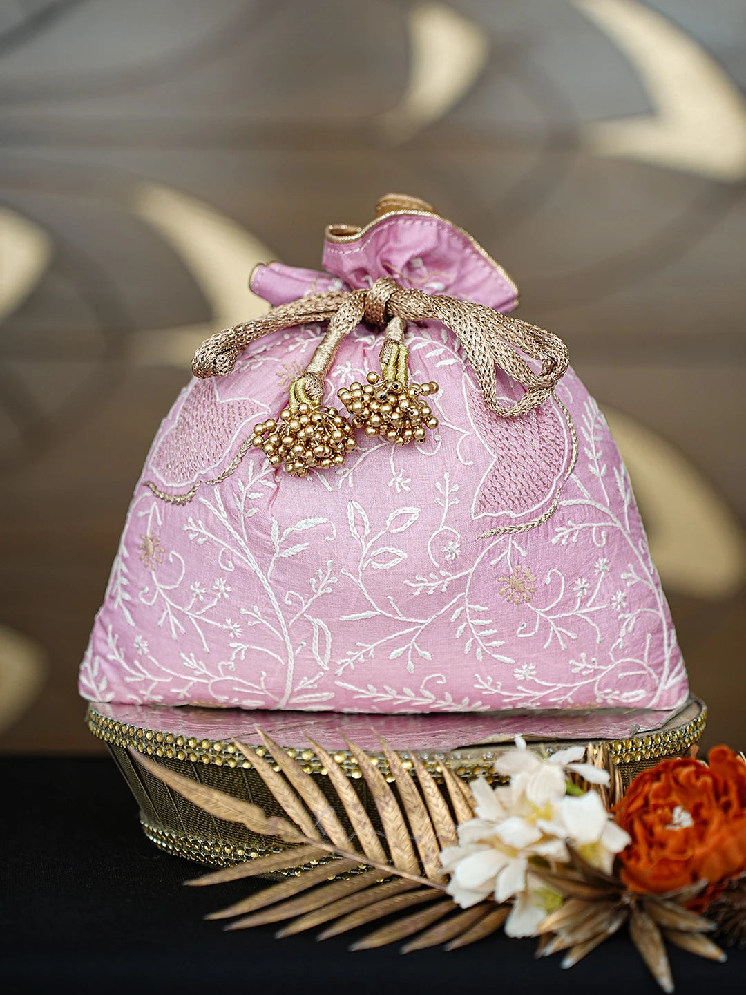 Ada Hand Embroidered Pink Silk Lucknowi Chikankari Potli Bag With Zari Work 01A808027