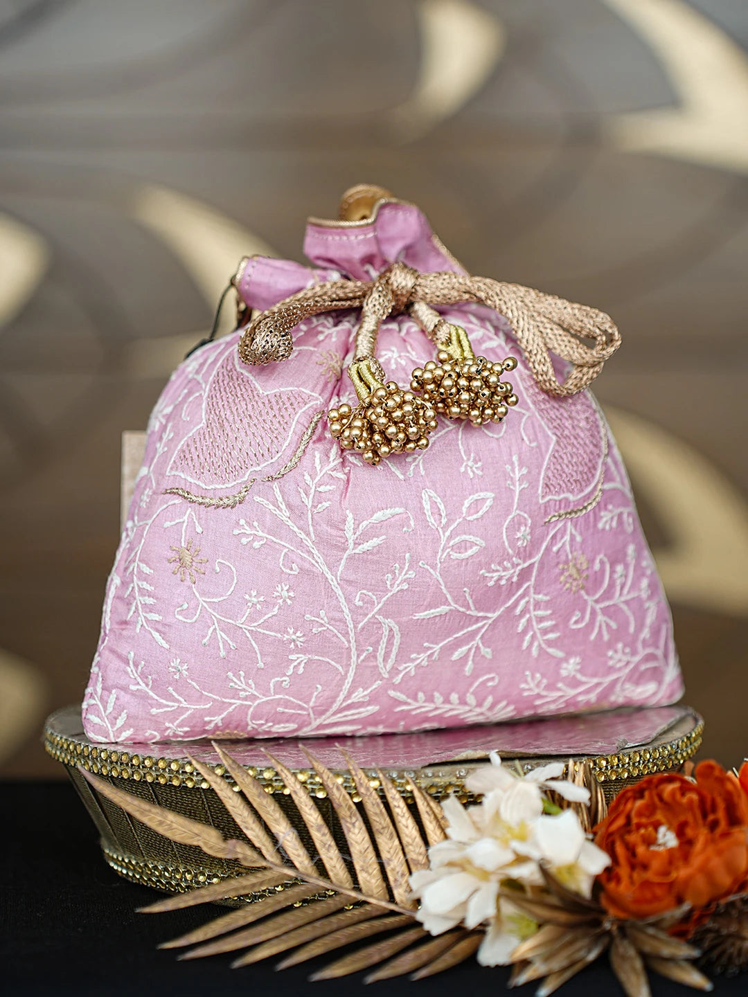 Ada Hand Embroidered Pink Silk Lucknowi Chikankari Potli Bag With Zari Work 01A808027