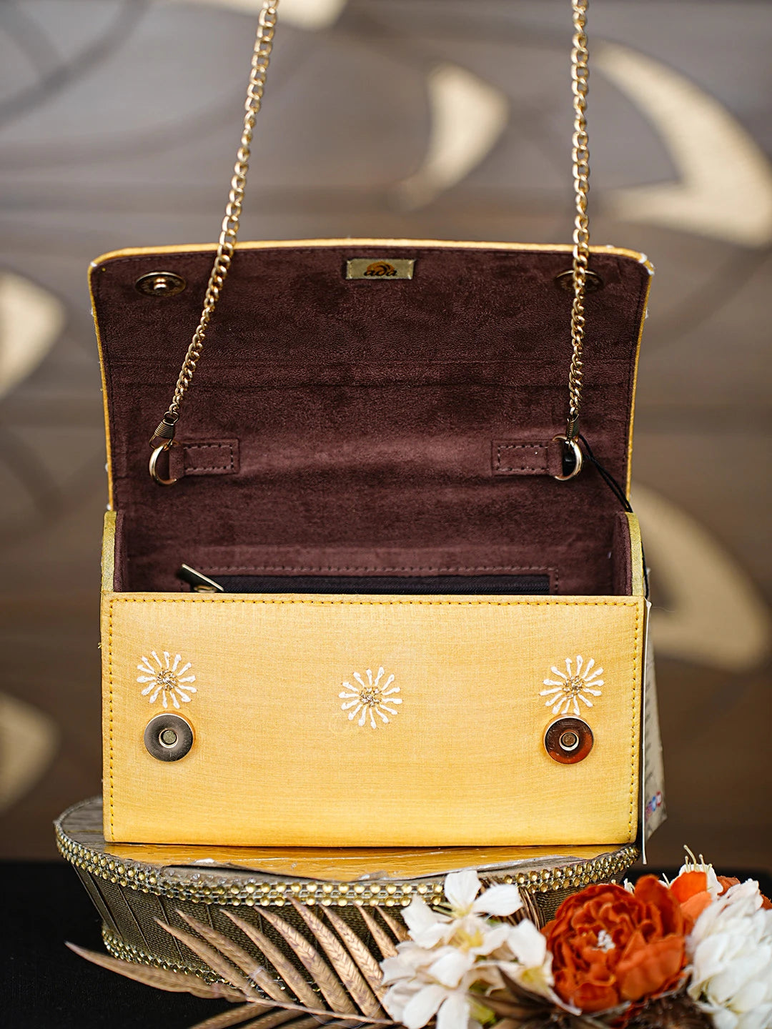 Ada Hand Embroidered Yellow Silk Lucknowi Chikankari Clutch With Zari Work 01A643736