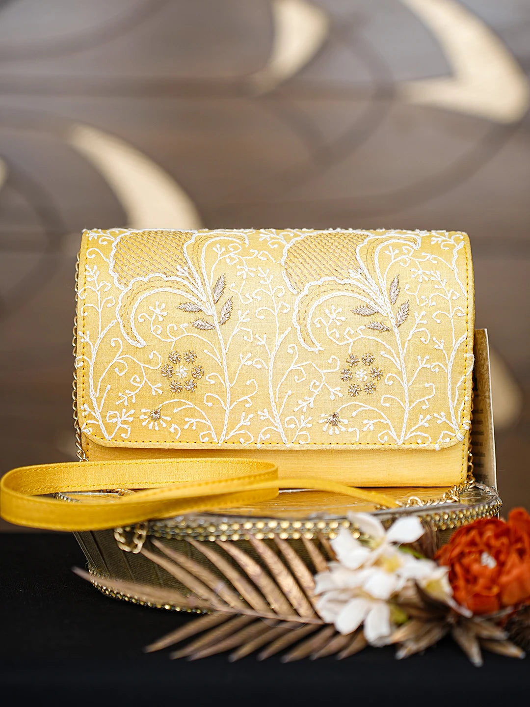 Ada Hand Embroidered Yellow Silk Lucknowi Chikankari Clutch With Zari Work 01A643736