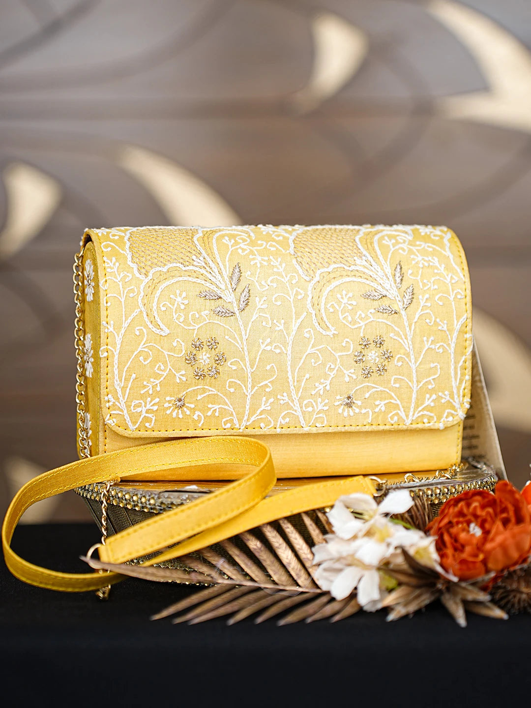 Ada Hand Embroidered Yellow Silk Lucknowi Chikankari Clutch With Zari Work 01A643736