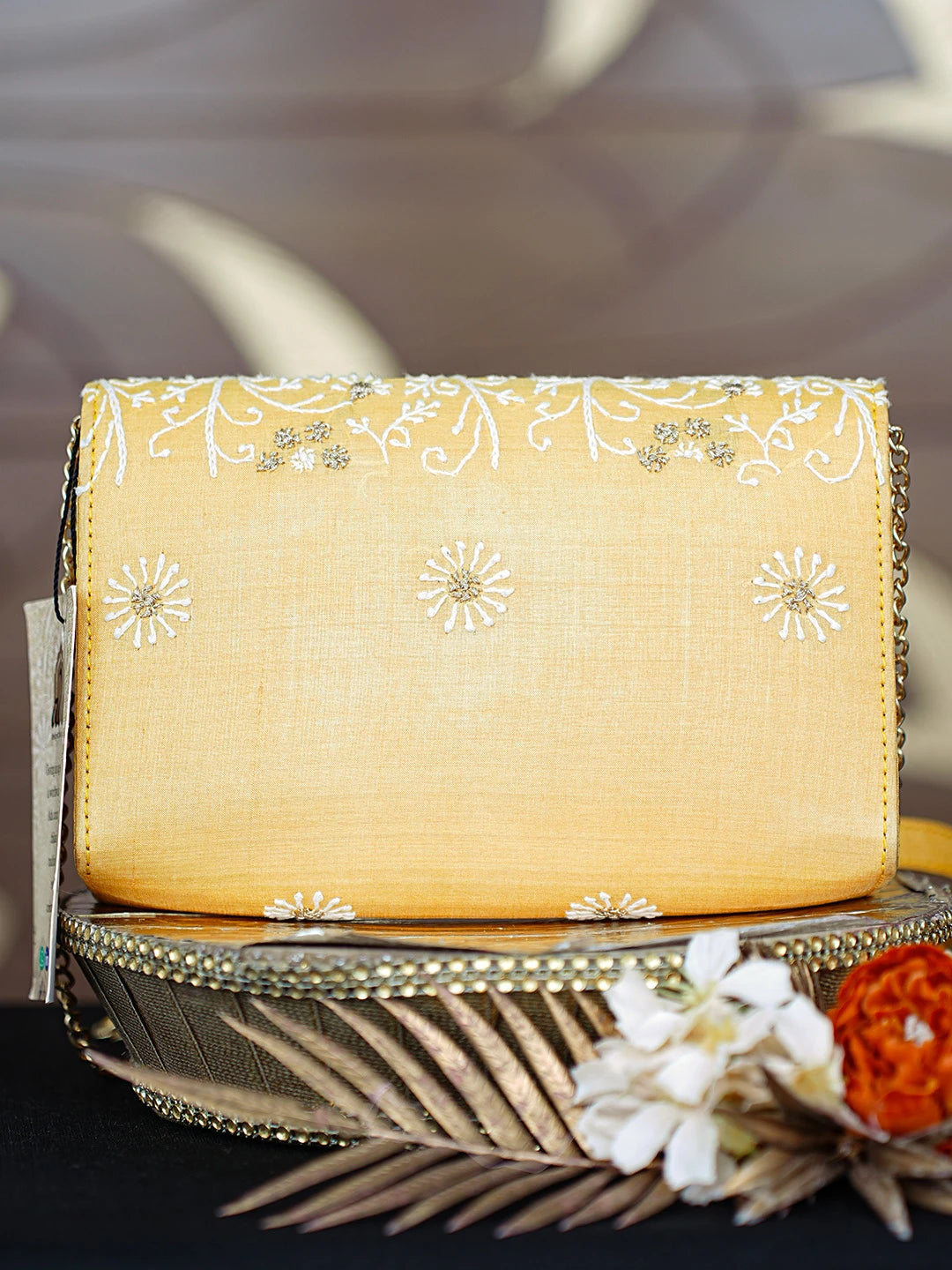 Ada Hand Embroidered Yellow Silk Lucknowi Chikankari Clutch With Zari Work 01A643736