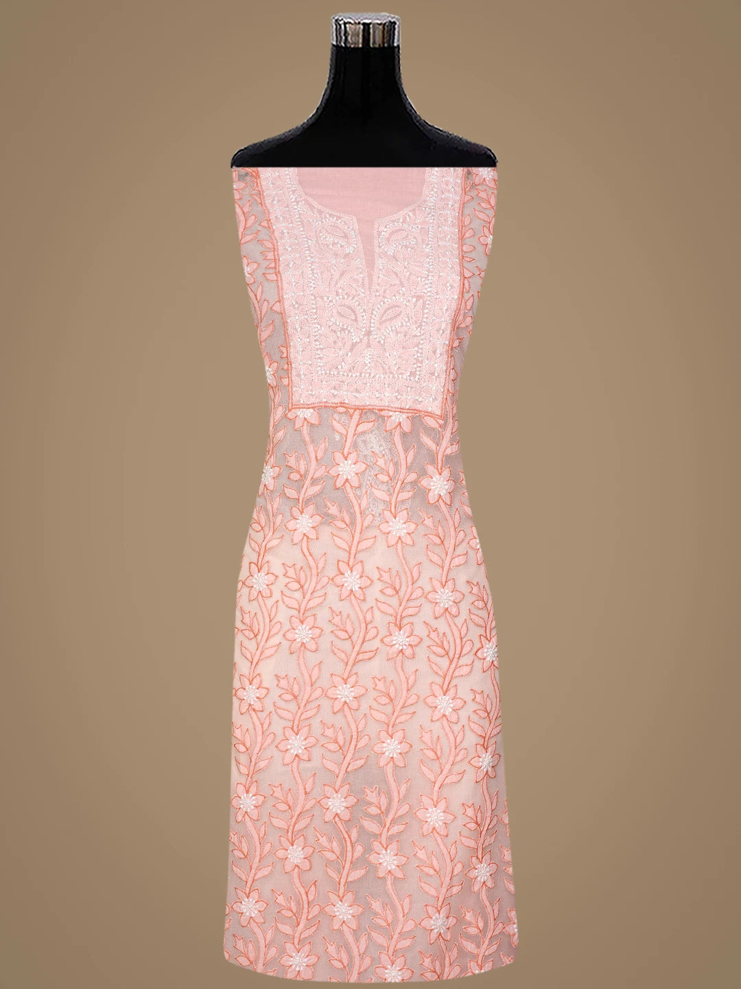 Ada Hand Embroidered Peach Cotton And Net Lucknowi Chikankari Unstitched Suit Piece 01A821974