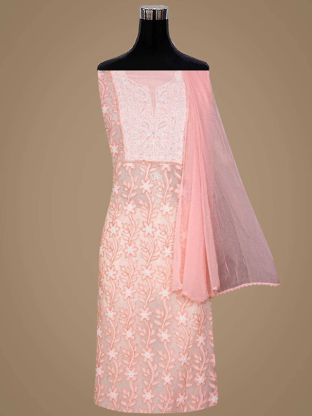 Ada Hand Embroidered Peach Cotton And Net Lucknowi Chikankari Unstitched Suit Piece 01A821974