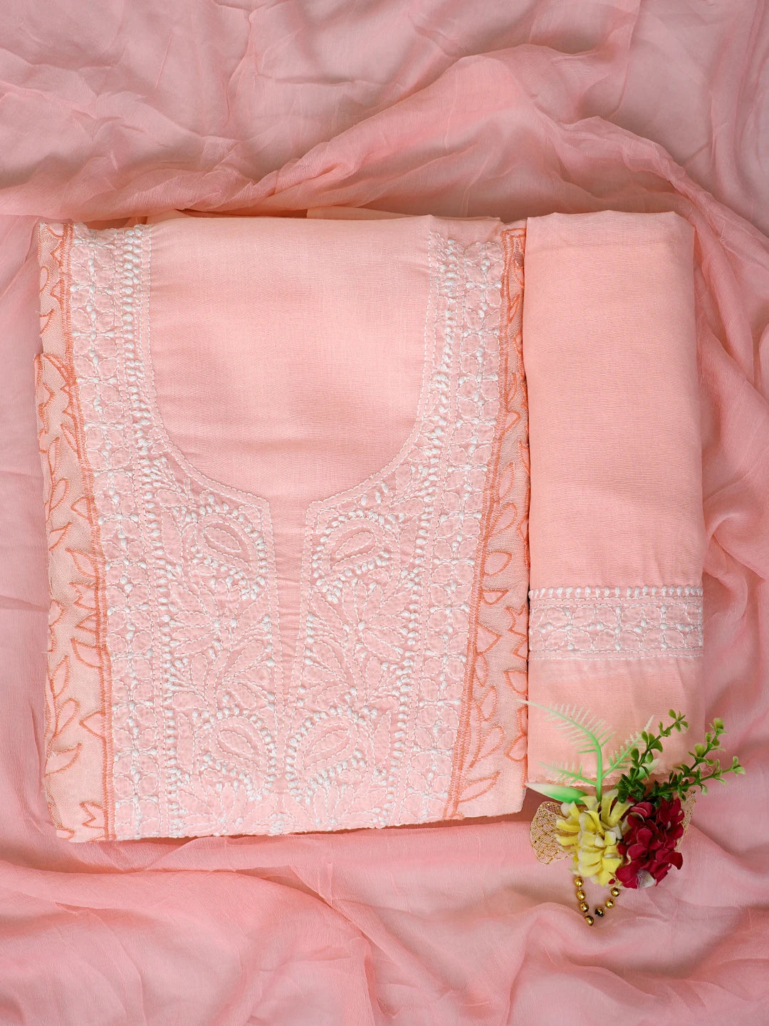 Ada Hand Embroidered Peach Cotton And Net Lucknowi Chikankari Unstitched Suit Piece 01A821974