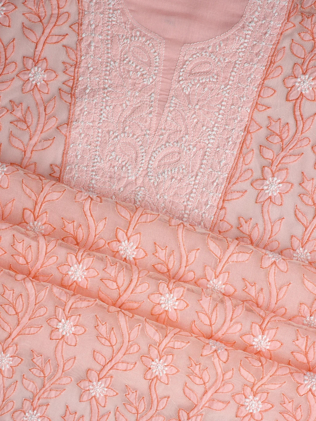 Ada Hand Embroidered Peach Cotton And Net Lucknowi Chikankari Unstitched Suit Piece 01A821974