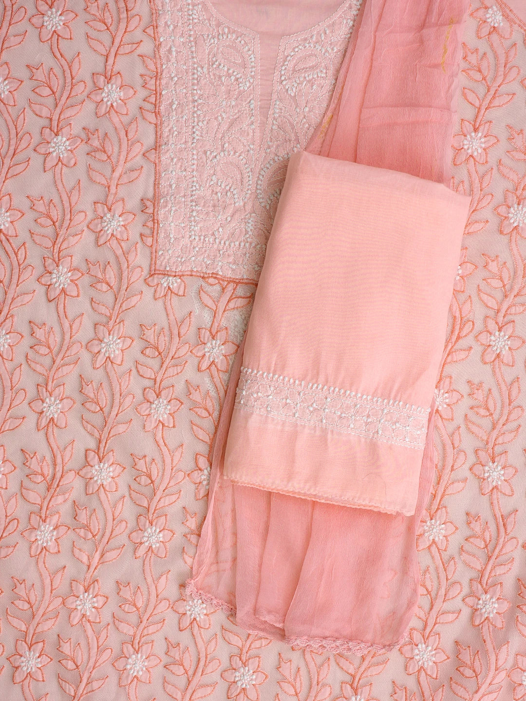 Ada Hand Embroidered Peach Cotton And Net Lucknowi Chikankari Unstitched Suit Piece 01A821974