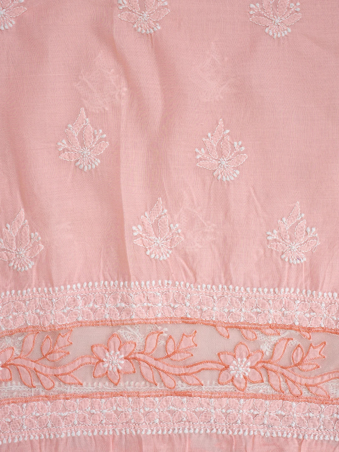 Ada Hand Embroidered Peach Cotton And Net Lucknowi Chikankari Unstitched Suit Piece 01A821974