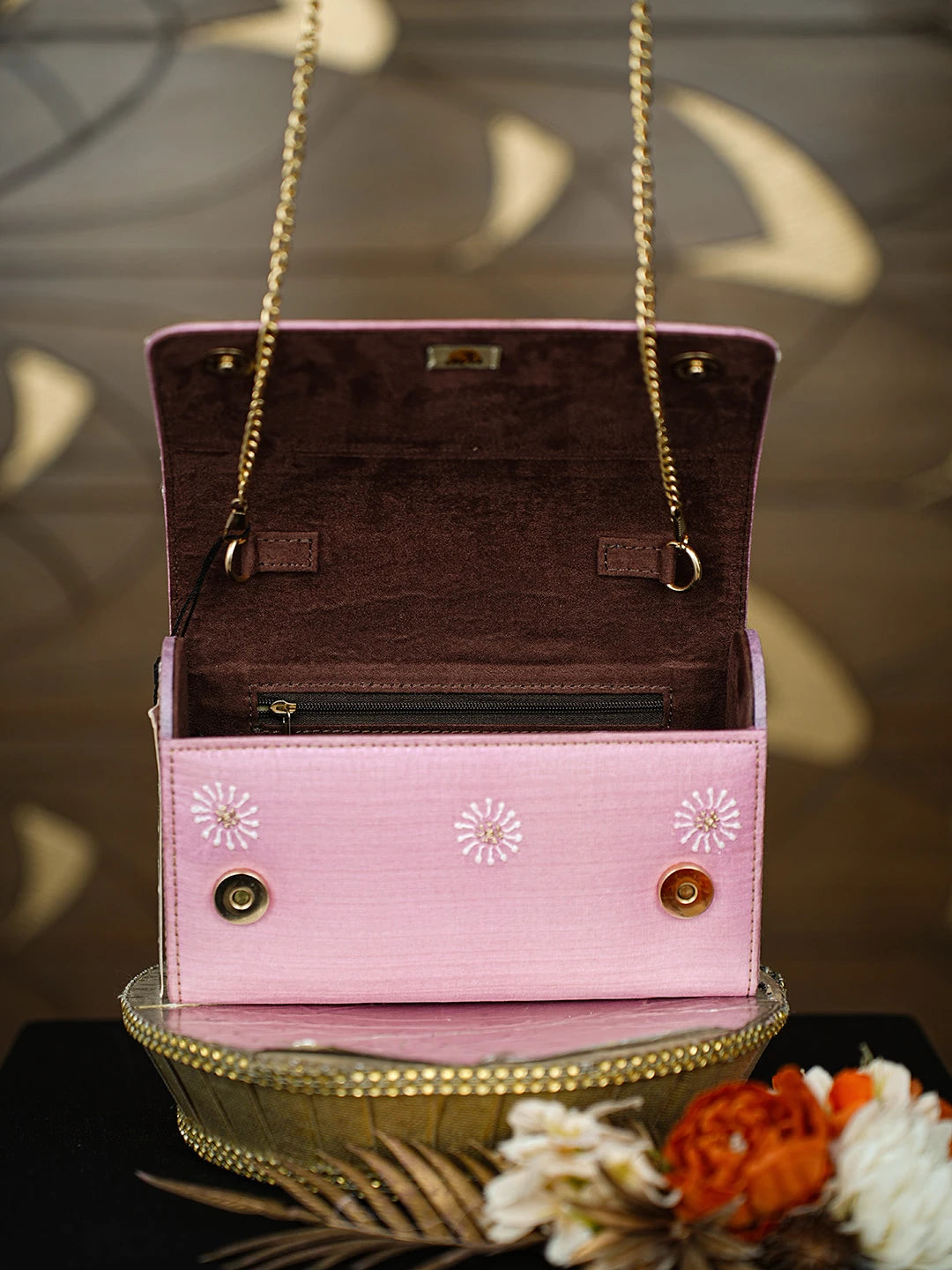 Ada Hand Embroidered Pink Silk Lucknowi Chikankari Clutch With Zari Work 01A636462