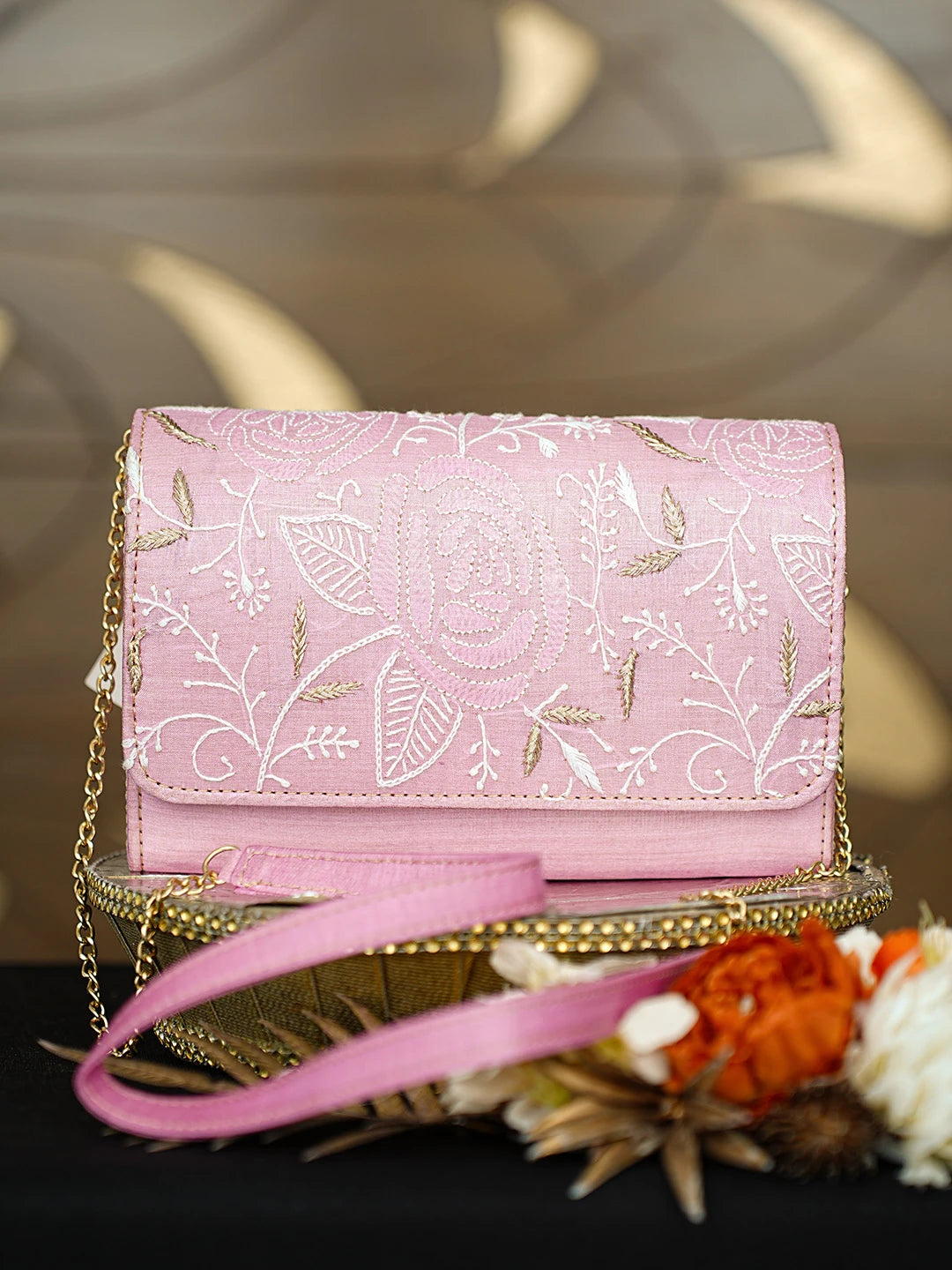 Ada Hand Embroidered Pink Silk Lucknowi Chikankari Clutch With Zari Work 01A636462