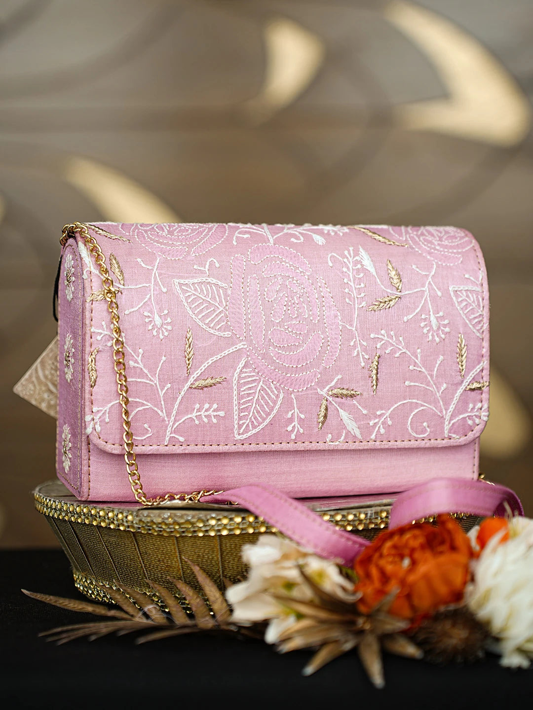 Ada Hand Embroidered Pink Silk Lucknowi Chikankari Clutch With Zari Work 01A636462