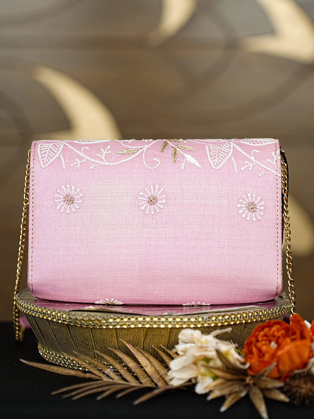 Ada Hand Embroidered Pink Silk Lucknowi Chikankari Clutch With Zari Work 01A636462