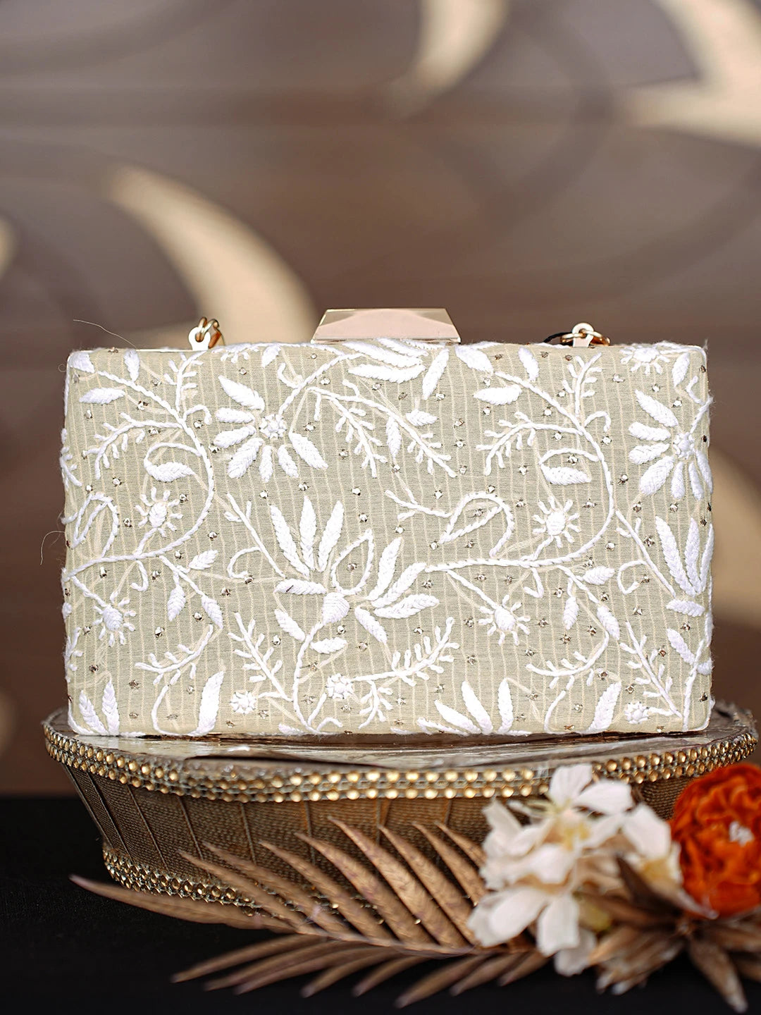 Ada Hand Embroidered Fawn Silk Lucknowi Chikankari Clutch With Mukaish Work 01A758993
