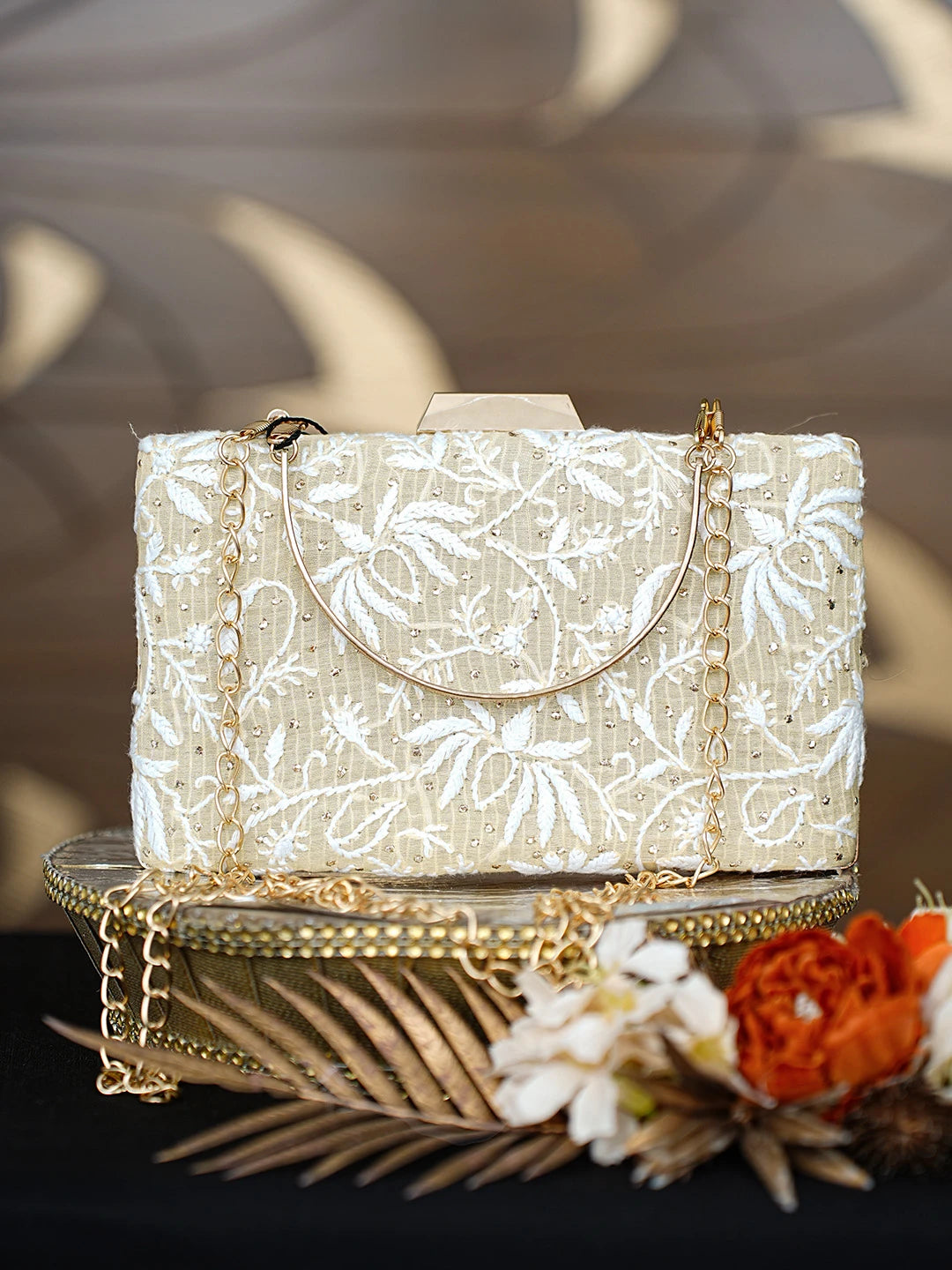 Ada Hand Embroidered Fawn Silk Lucknowi Chikankari Clutch With Mukaish Work 01A758993