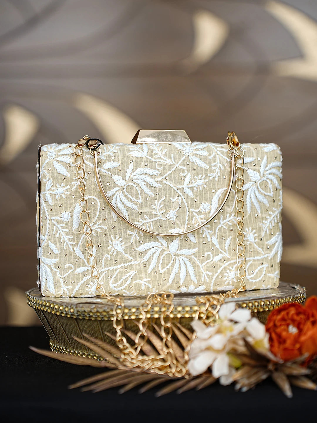 Ada Hand Embroidered Fawn Silk Lucknowi Chikankari Clutch With Mukaish Work 01A758993