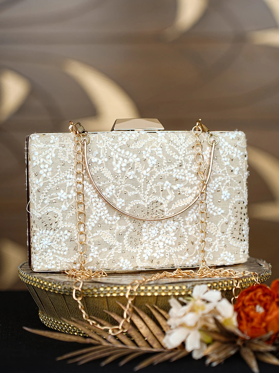 Ada Hand Embroidered Fawn Silk Lucknowi Chikankari Clutch With Mukaish Work 01A791374