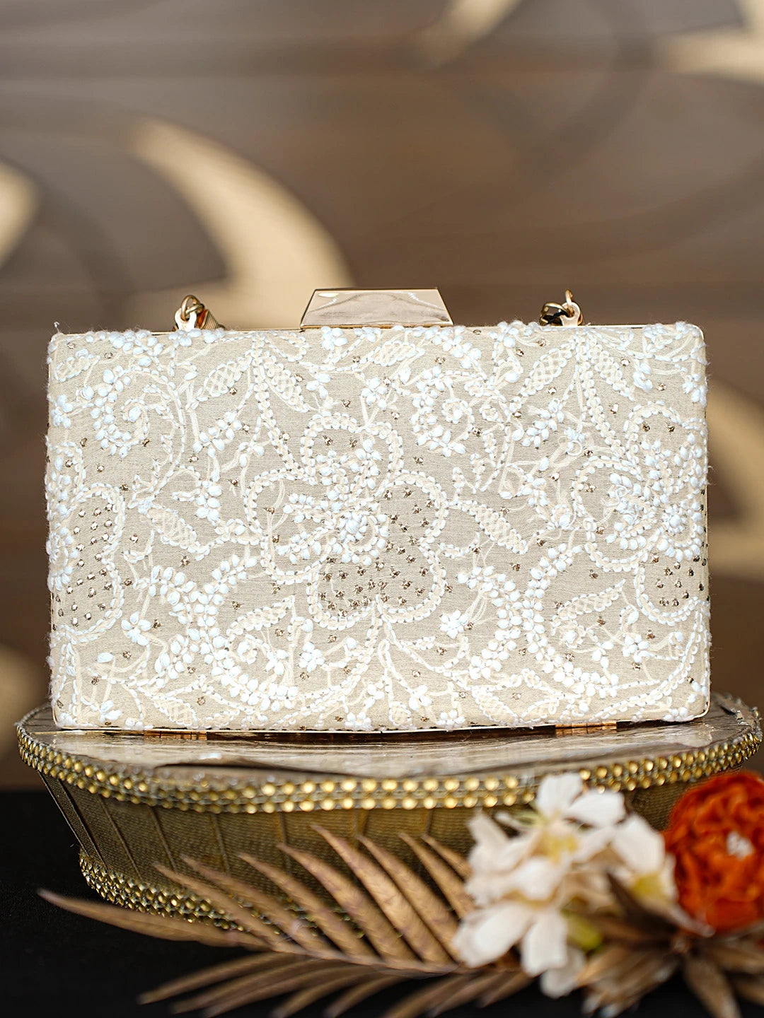 Ada Hand Embroidered Fawn Silk Lucknowi Chikankari Clutch With Mukaish Work 01A791374