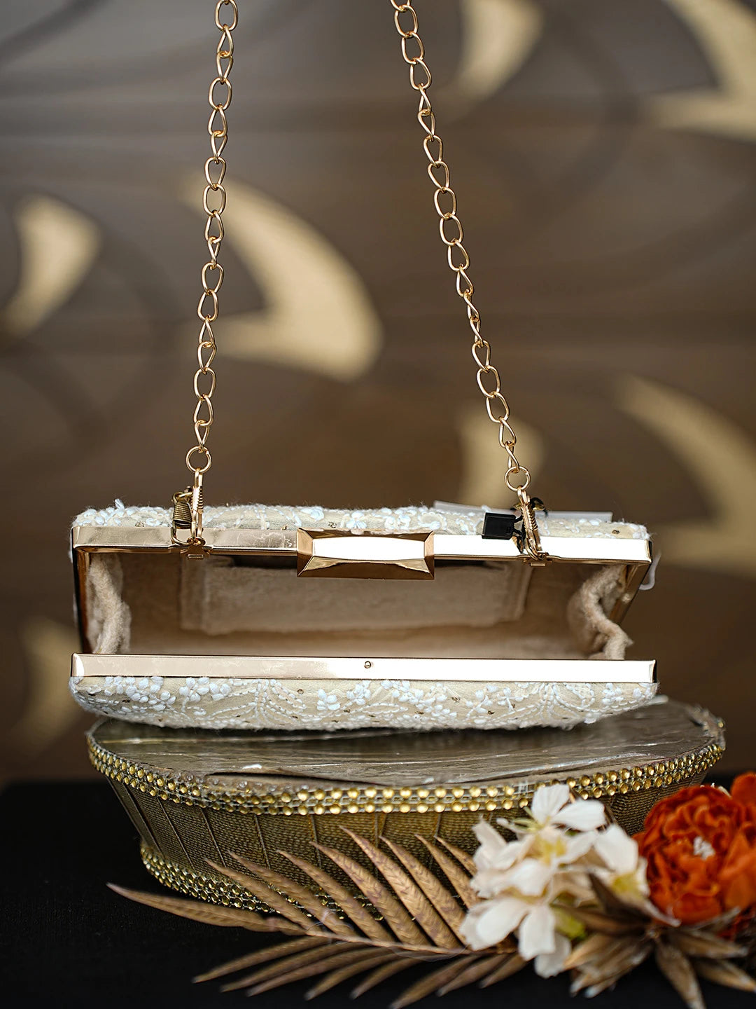 Ada Hand Embroidered Fawn Silk Lucknowi Chikankari Clutch With Mukaish Work 01A791374